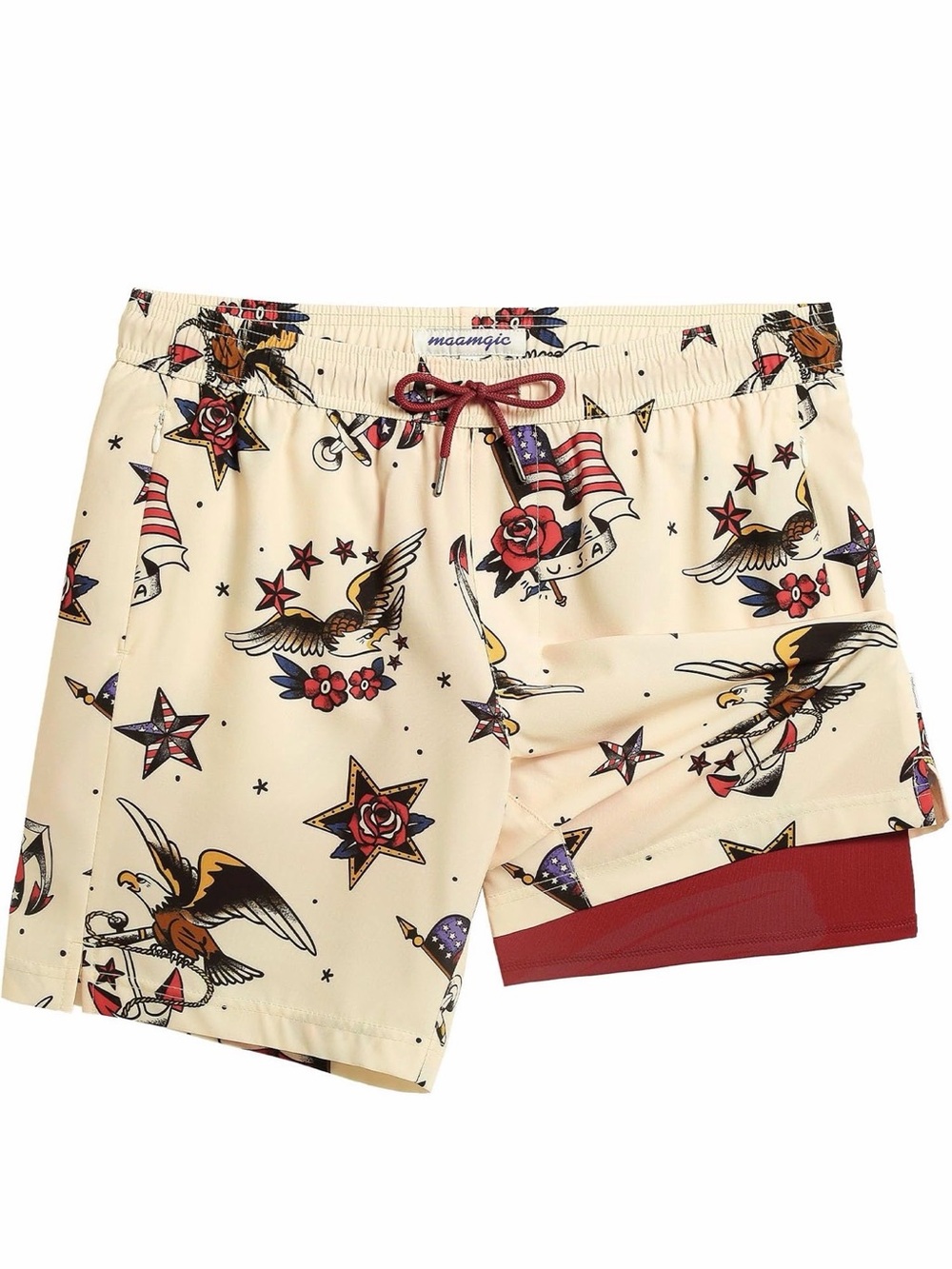 mcandyc Men’s Cream Eagle & Star Print Swim Trunks